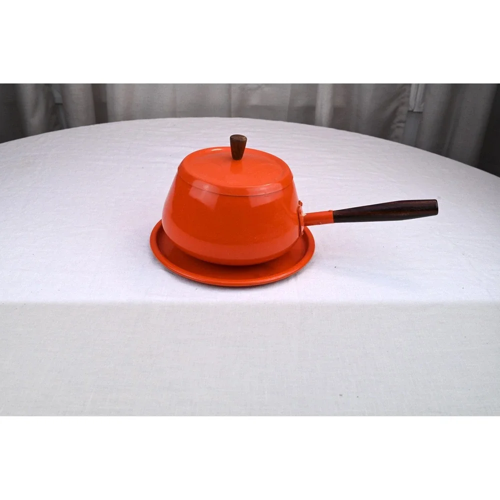 Vintage Mid Century Modern Flame Orange Japanese Fondue Pot Teak Wood Handles